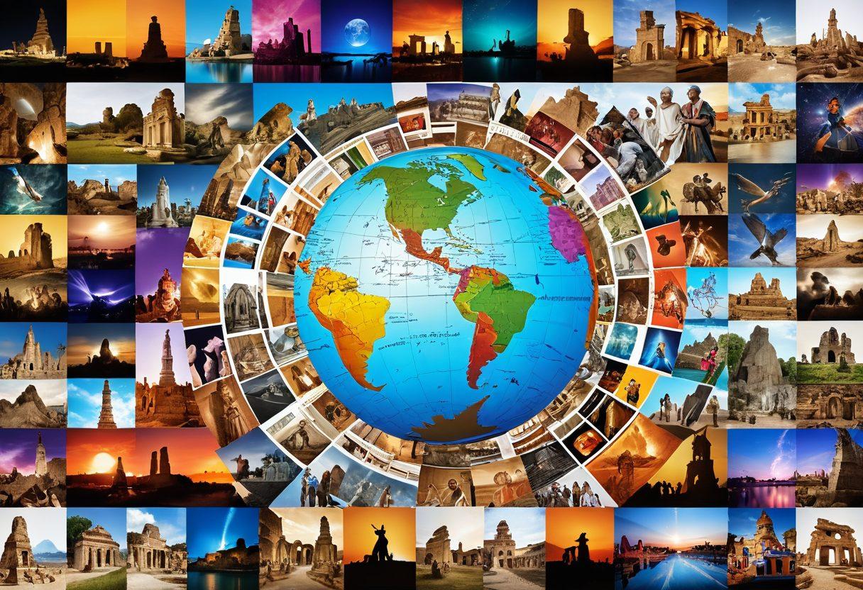 A vibrant collage depicting various historical events with colorful timelines weaving through iconic imagery like ancient ruins, famous battles, and significant inventions. People of diverse backgrounds engage together, sharing stories and exploring timelines on digital devices, with a globe in the background symbolizing global connection. The atmosphere is lively and interactive, emphasizing community spirit. super-realistic. vibrant colors. white background.
