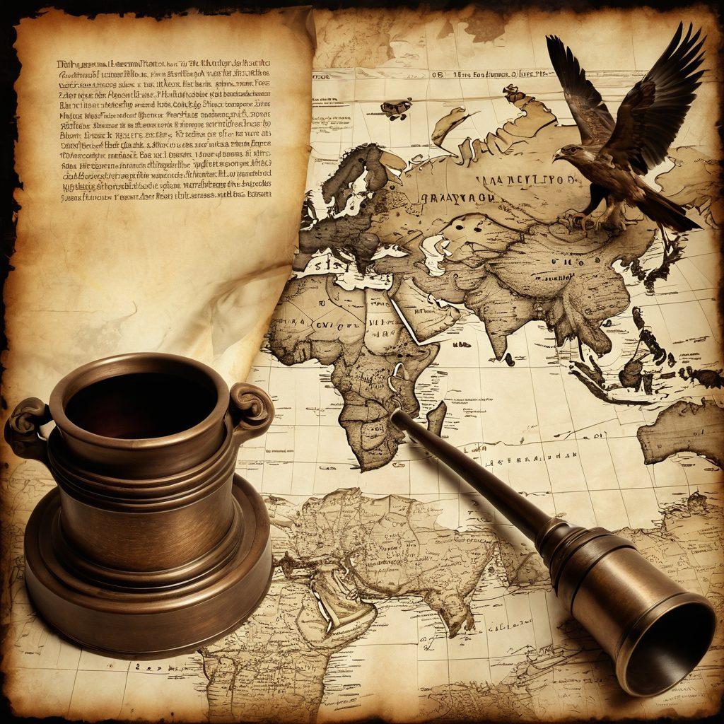 A vintage-style collage depicting historical artifacts like ancient scrolls, a quill and inkpot, and an old world map, overlaid with a digital blog interface showing text and images of famous historical events. The background features sepia tones to evoke nostalgia, while the foreground text highlights the title 'Unraveling the Past'. A light burst effect connects the past with the present. vintage, retro, collage art.