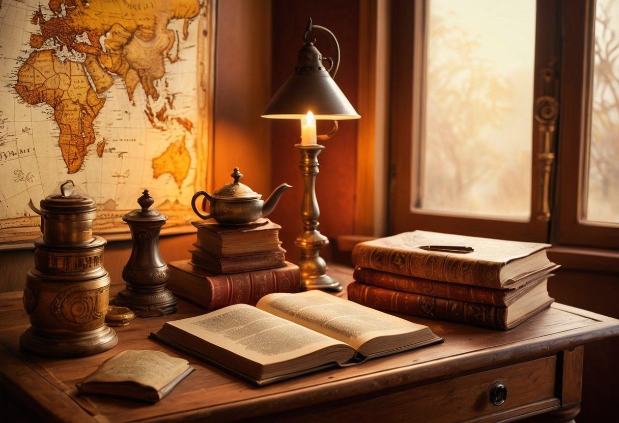 A cozy library filled with ancient books and scrolls, featuring a wooden desk with an open journal and quill, illuminated by warm golden light. In the background, a vintage world map and historical artifacts create a scholarly atmosphere. A cup of tea rests beside the journal, inviting contemplation. The scene conveys wisdom, depth, and passion for history. super-realistic. warm colors. cozy ambiance.